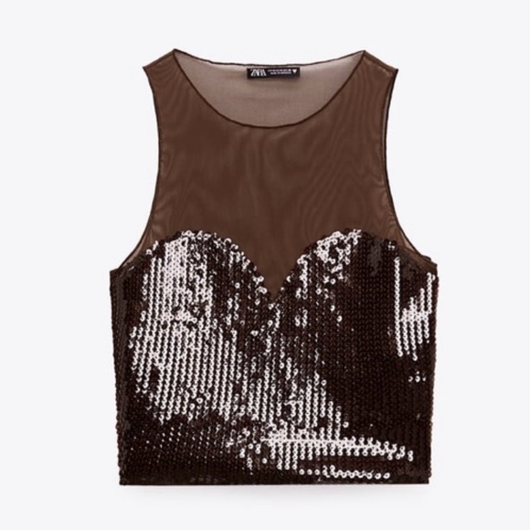 Zara Brown Sequin Tulle crop top NWT - Picture 2 of 6
